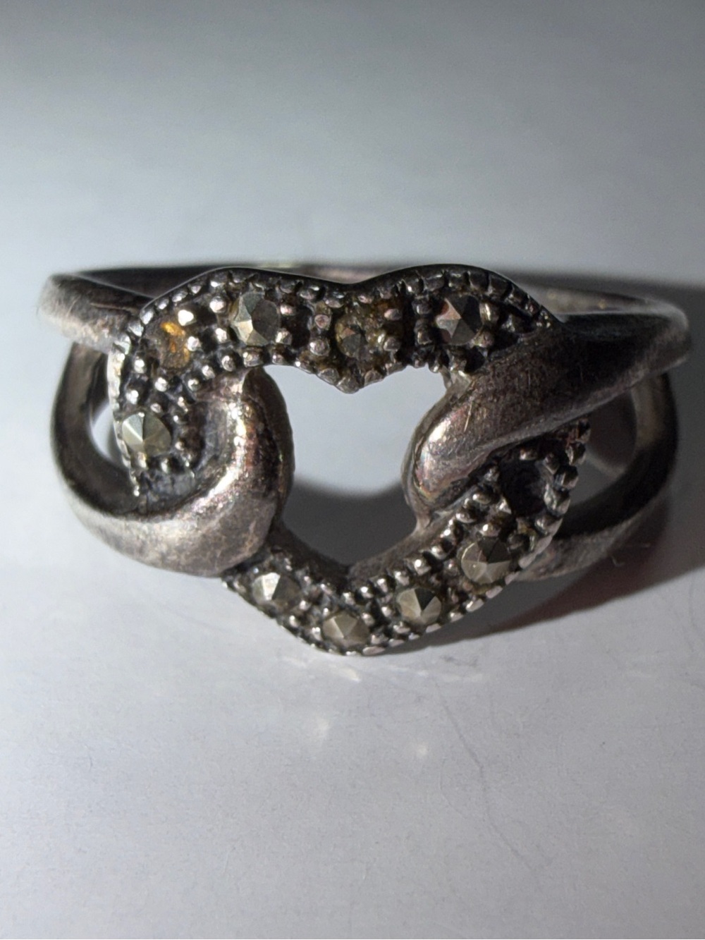 Vintage 925 Sterling Silver Marcasite Open Heart Split Shank Ring 7